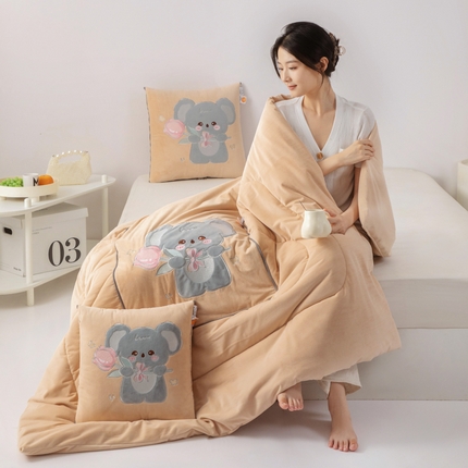 雷人家纺 2024新款A类加厚加重贴布绣婴儿绒抱枕被 呆呆拉-卡其