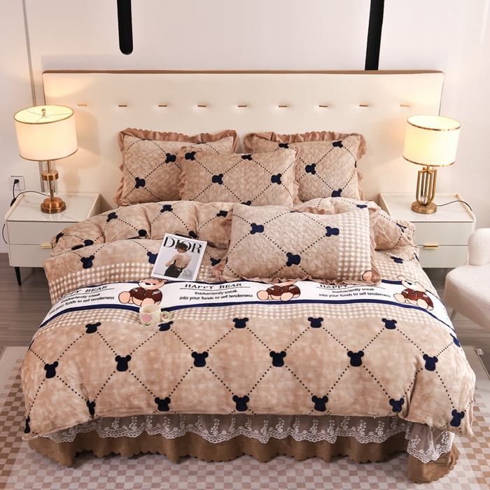 91家纺网 家纺一手货源 找家纺 （买家秀 爆款不断货）A类母婴级双层蕾丝花边床裙床盖三件套牛奶绒床盖三件套萱花绒床护垫牛奶绒床褥卡通 花边-宝贝熊