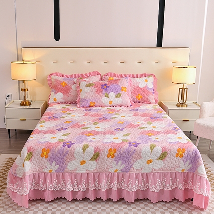 91家纺网 家纺一手货源 找家纺 （买家秀爆款不断货）A类母婴级牛奶绒床盖三件套雪花绒床盖三件套雪花绒床护垫子牛奶绒床褥子卡通床单床裙 花边-浪漫花影