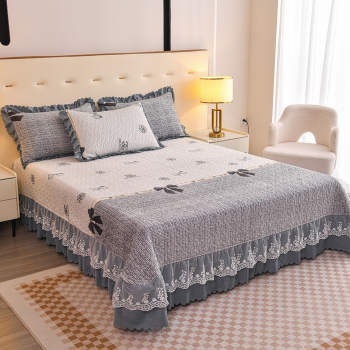 91家纺网 家纺一手货源 找家纺 （买家秀爆款不断货）A类母婴级牛奶绒床盖三件套雪花绒床盖三件套雪花绒床护垫子牛奶绒床褥子卡通床单床裙 花边-蝴蝶结