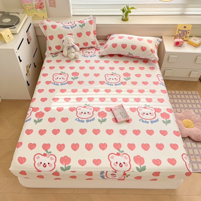 91家纺网 家纺一手货源 找家纺 A类母婴级卡通花卉儿童纯棉全棉床单纯棉全棉床笠全棉纯棉床单全棉纯棉床笠三件套 爱心熊