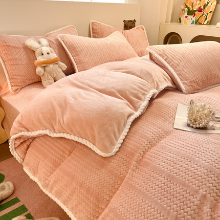 91家纺网 家纺一手货源 找家纺 （买家秀 爆款不断货）A类母婴级6D提花牛奶绒四件套提花绒珊瑚绒四件套雪花绒四件套纯色牛奶绒四件套花 提花-粉玉