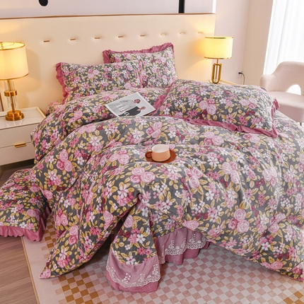 91家纺网 家纺一手货源 找家纺 （总）（买家秀 爆款不断货）A类母婴级双层蕾丝花边床裙床盖三件套牛奶绒床盖三件套萱花绒床护垫牛奶绒床褥卡通