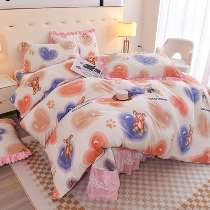 91家纺网 家纺一手货源 找家纺 （买家秀 爆款不断货）A类母婴级双层蕾丝花边床裙床盖三件套牛奶绒床盖三件套萱花绒床护垫牛奶绒床褥卡通 花边-爱心小熊