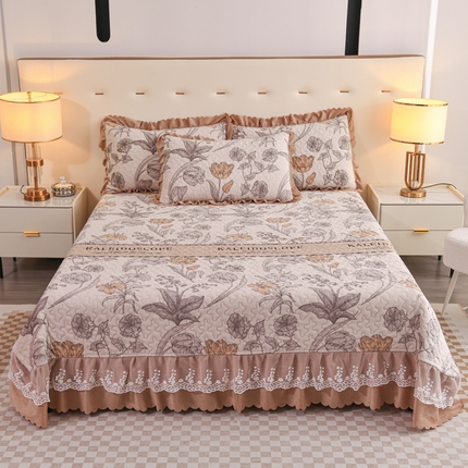 91家纺网 家纺一手货源 找家纺 （买家秀爆款不断货）A类母婴级牛奶绒床盖三件套雪花绒床盖三件套雪花绒床护垫子牛奶绒床褥子卡通床单床裙 花边-金枝玉叶