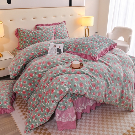 91家纺网 家纺一手货源 找家纺 （总）（买家秀 爆款不断货）A类母婴级双层蕾丝花边床裙床盖三件套牛奶绒床盖三件套萱花绒床护垫牛奶绒床褥卡通