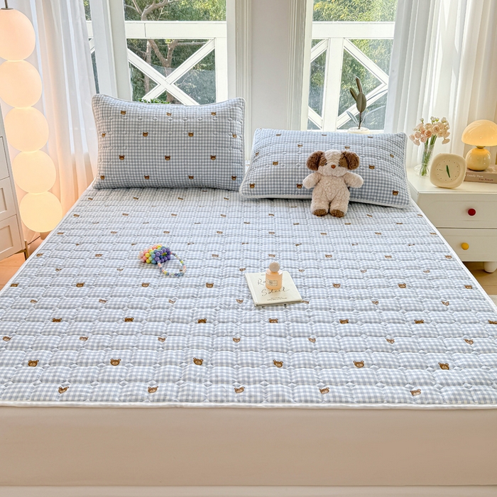 91家纺网 家纺一手货源 找家纺 萌飞 2024新款全棉棉花床垫 格子熊仔-蓝