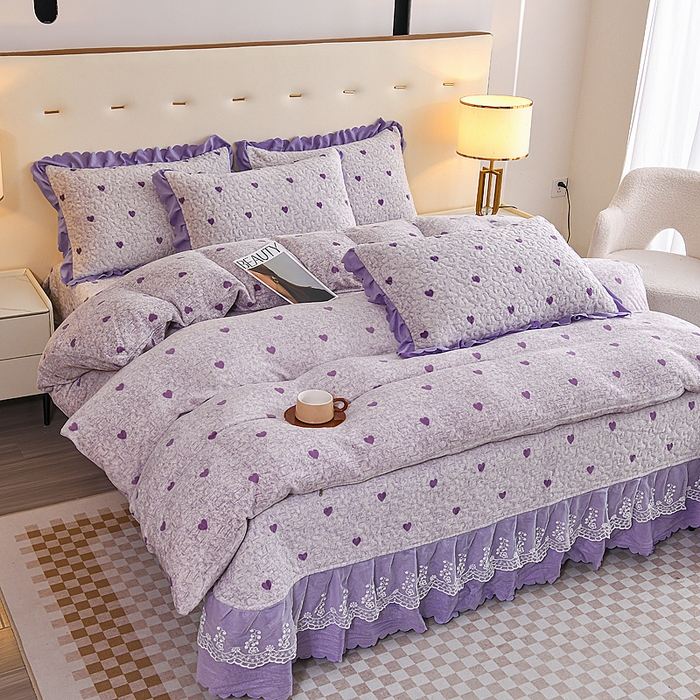 91家纺网 家纺一手货源 找家纺 （买家秀 爆款不断货）A类母婴级双层蕾丝花边床裙床盖三件套牛奶绒床盖三件套萱花绒床护垫牛奶绒床褥卡通 花边-爱心紫