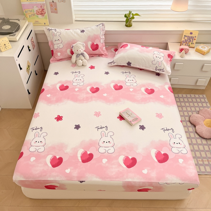 91家纺网 家纺一手货源 找家纺 A类母婴级卡通花卉儿童纯棉全棉床单纯棉全棉床笠全棉纯棉床单全棉纯棉床笠三件套 爱心兔