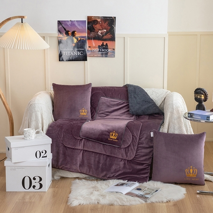 雷人家纺 2021新款宝宝绒保暖加厚双拼绣花抱枕被 皇冠优雅紫