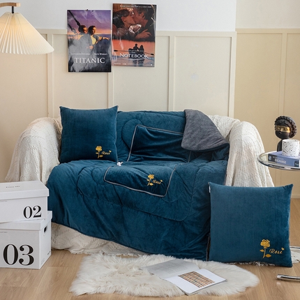 雷人家纺 2021新款宝宝绒保暖加厚双拼绣花抱枕被 玫瑰午夜蓝