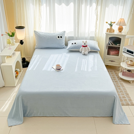 桃子家居  2025新款A类ins大眼豆豆加厚牛奶绒单品床单床笠三件套系列 绒单品-大眼豆豆天蓝床单