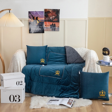 雷人家纺 2021新款宝宝绒保暖加厚双拼绣花抱枕被 皇冠午夜蓝