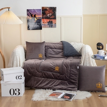 雷人家纺 2021新款宝宝绒保暖加厚双拼绣花抱枕被 皇冠活力咖