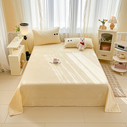 桃子家居  2025新款A类ins大眼豆豆加厚牛奶绒单品床单床笠三件套系列 绒单品-大眼豆豆奶黄床单
