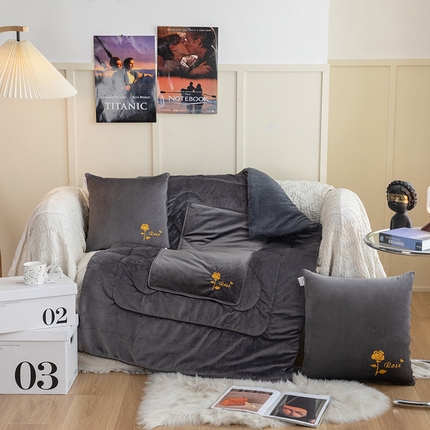 91家纺网 家纺一手货源 找家纺 雷人家纺 2021新款宝宝绒保暖加厚双拼绣花抱枕被 玫瑰爵士灰