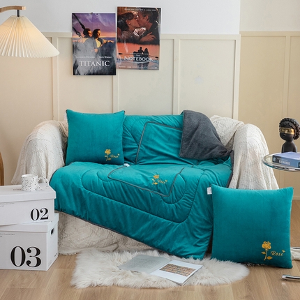 雷人家纺 2021新款宝宝绒保暖加厚双拼绣花抱枕被 玫瑰时光蓝