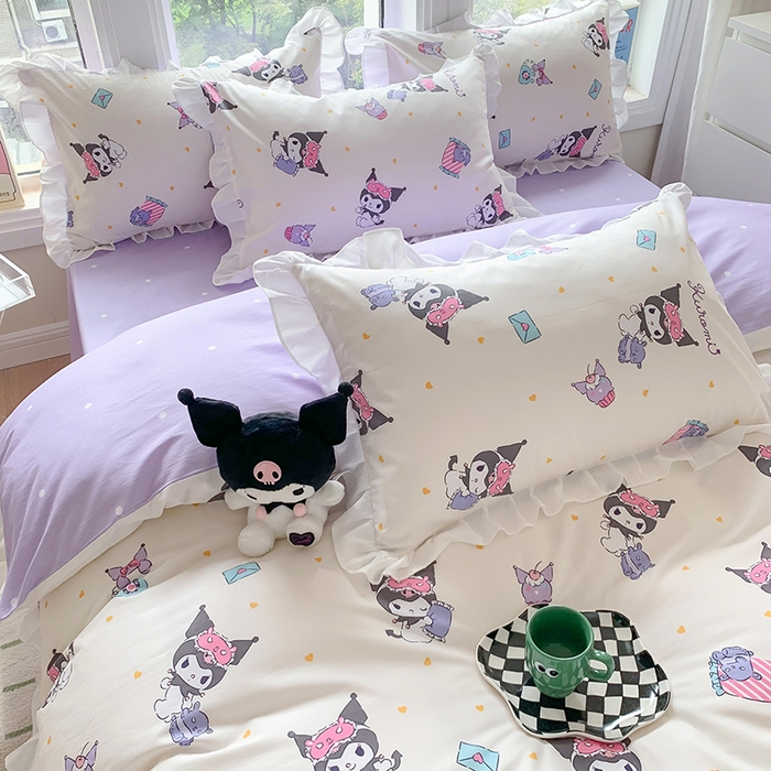 91家纺网 家纺一手货源 找家纺 玉元坊 2025新款三丽鸥系列白花边被套纯棉全棉床裙三件套四件套-库洛米白花边款式 库洛米伙伴【花边款】