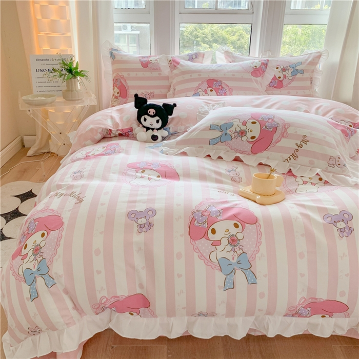 91家纺网 家纺一手货源 找家纺 玉元坊 2025新款三丽鸥系列白花边被套纯棉全棉床裙三件套四件套-美乐蒂白花边款式 甜甜美乐蒂【花边款】