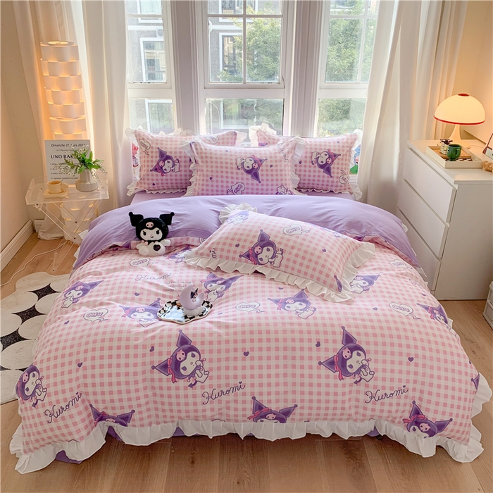 91家纺网 家纺一手货源 找家纺 玉元坊 2025新款三丽鸥系列白花边被套纯棉全棉床裙三件套四件套-库洛米白花边款式 库洛米之心