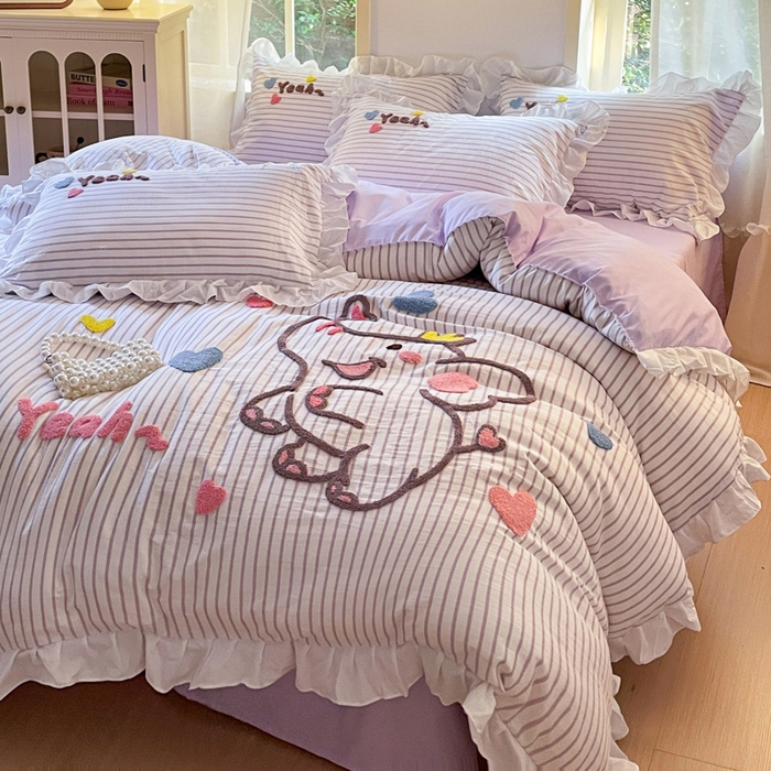 91家纺网 家纺一手货源 找家纺 泉欣家纺 2025新品韩系网红水洗棉卡通毛巾绣花小象考拉系列四件套（专版花型） 萌小象风铃紫