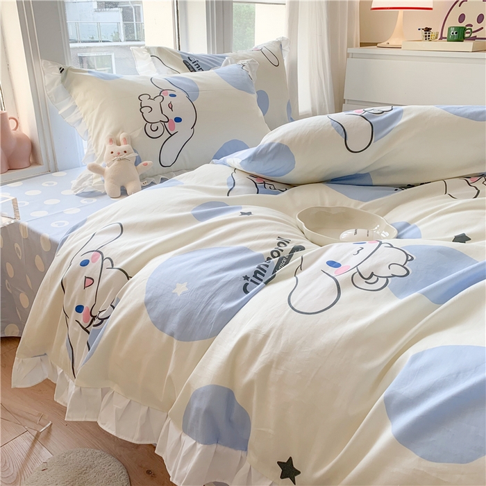 91家纺网 家纺一手货源 找家纺 玉元坊 2025新款三丽鸥系列白花边被套纯棉全棉床裙三件套四件套-大耳狗白花边款式 波点玉桂狗