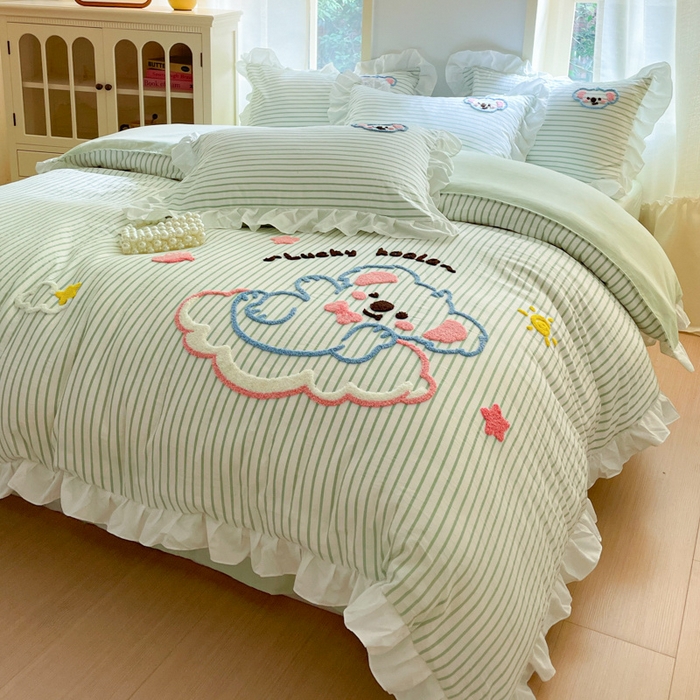 91家纺网 家纺一手货源 找家纺 泉欣家纺 2025新品韩系网红水洗棉卡通毛巾绣花小象考拉系列四件套（专版花型） 云朵考拉浅绿