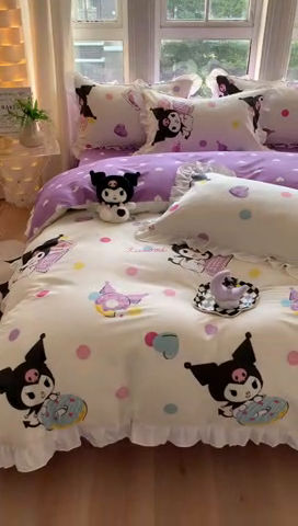 91家纺网 家纺一手货源 找家纺 玉元坊 2025新款三丽鸥系列白花边被套纯棉全棉床裙三件套四件套-库洛米白花边款式 波点库洛米