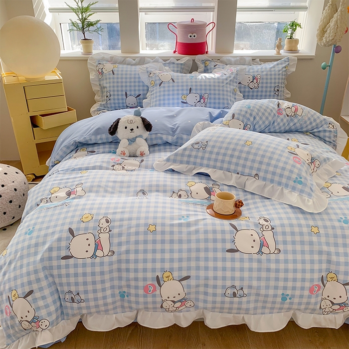 91家纺网 家纺一手货源 找家纺 （总）玉元坊 2025新款三丽鸥系列白花边被套纯棉全棉床裙三件套四件套-帕恰狗白花边款式