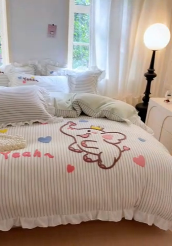 91家纺网 家纺一手货源 找家纺 泉欣家纺 2025新品韩系网红水洗棉卡通毛巾绣花小象考拉系列四件套（专版花型） 萌小象浅绿