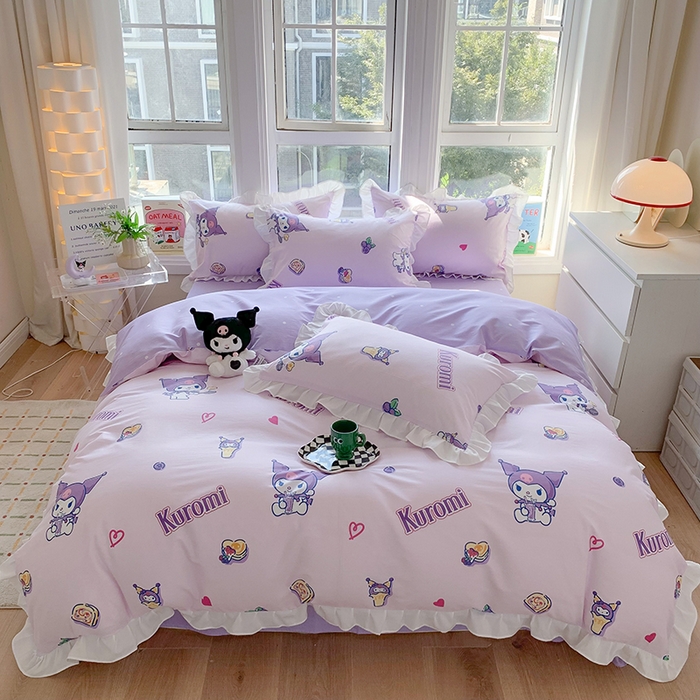 91家纺网 家纺一手货源 找家纺 玉元坊 2025新款三丽鸥系列白花边被套纯棉全棉床裙三件套四件套-库洛米白花边款式 甜甜库洛米【花边款】