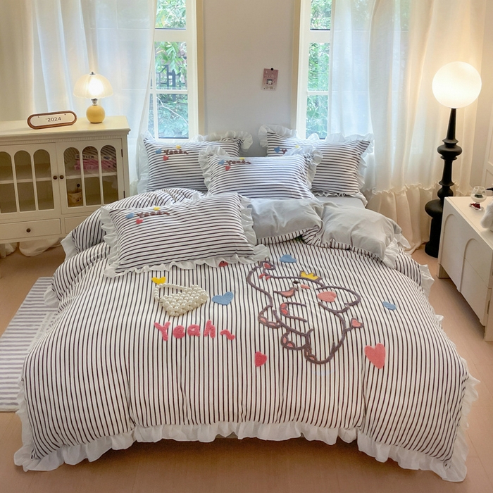 91家纺网 家纺一手货源 找家纺 泉欣家纺 2025新品韩系网红水洗棉卡通毛巾绣花小象考拉系列四件套（专版花型） 萌小象高级灰