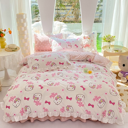 玉元坊 2025新款三丽鸥系列白花边被套纯棉全棉床裙三件套四件套-凯蒂猫白花边款式 雏菊kt 花边款