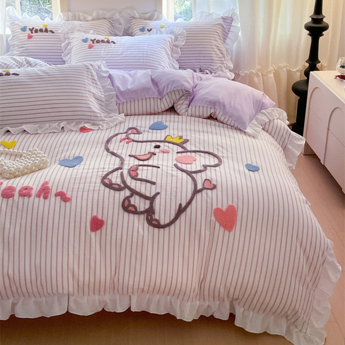 91家纺网 家纺一手货源 找家纺 泉欣家纺 2025新品韩系网红水洗棉卡通毛巾绣花小象考拉系列四件套（专版花型） 萌小象风铃紫