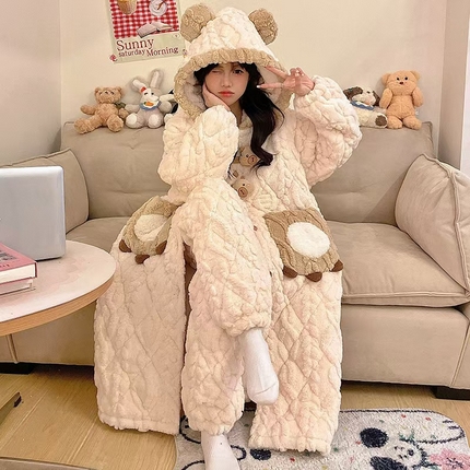 2024新款冬季加厚加绒珊瑚绒三层夹棉袄女防水保暖冬天休闲家居服睡衣套装一件代发 L02