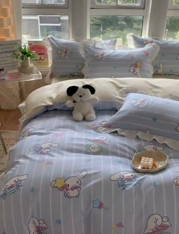 91家纺网 家纺一手货源 找家纺 玉元坊 2025新款三丽鸥系列白花边被套纯棉全棉床裙三件套四件套-大耳狗白花边款式 星星大耳狗【花边款】