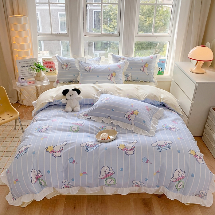 91家纺网 家纺一手货源 找家纺 玉元坊 2025新款三丽鸥系列白花边被套纯棉全棉床裙三件套四件套-大耳狗白花边款式 星星大耳狗【花边款】