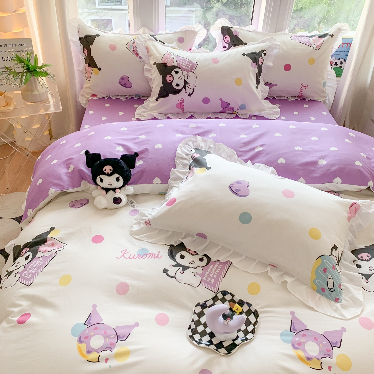 91家纺网 家纺一手货源 找家纺 玉元坊 2025新款三丽鸥系列白花边被套纯棉全棉床裙三件套四件套-库洛米白花边款式 波点库洛米