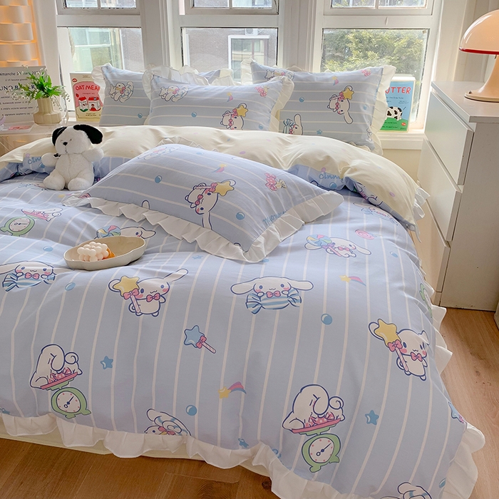 91家纺网 家纺一手货源 找家纺 玉元坊 2025新款三丽鸥系列白花边被套纯棉全棉床裙三件套四件套-大耳狗白花边款式 星星大耳狗【花边款】