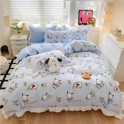 玉元坊 2025新款三丽鸥系列白花边被套纯棉全棉床裙三件套四件套-帕恰狗白花边款式 花边款-小帕和伙伴蓝
