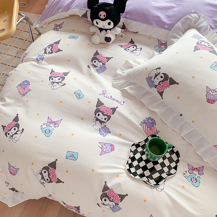 91家纺网 家纺一手货源 找家纺 玉元坊 2025新款三丽鸥系列白花边被套纯棉全棉床裙三件套四件套-库洛米白花边款式 库洛米伙伴【花边款】