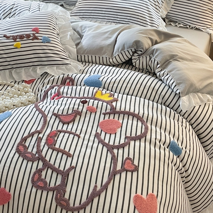 91家纺网 家纺一手货源 找家纺 泉欣家纺 2025新品韩系网红水洗棉卡通毛巾绣花小象考拉系列四件套（专版花型） 萌小象高级灰