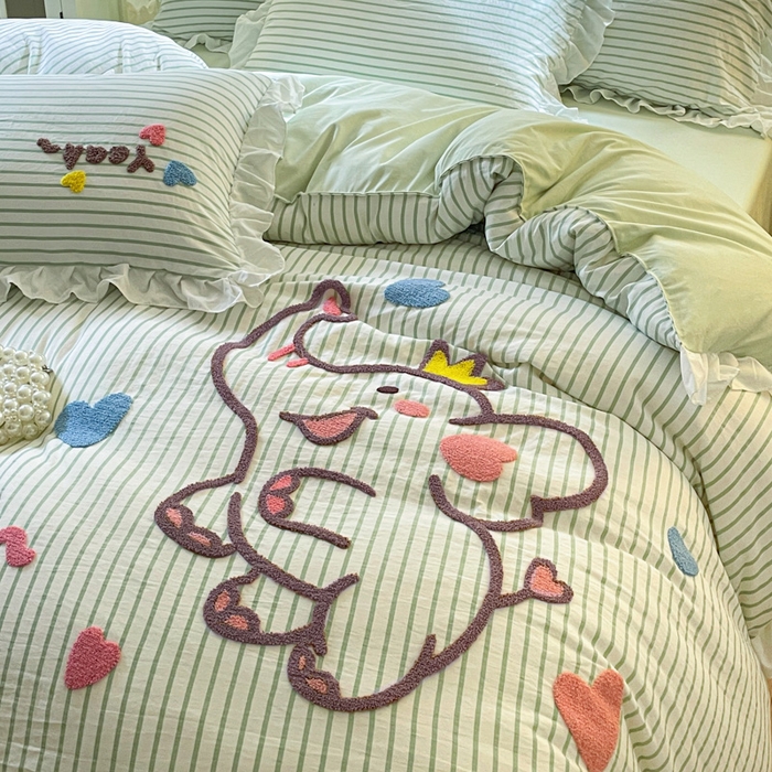 91家纺网 家纺一手货源 找家纺 泉欣家纺 2025新品韩系网红水洗棉卡通毛巾绣花小象考拉系列四件套（专版花型） 萌小象浅绿