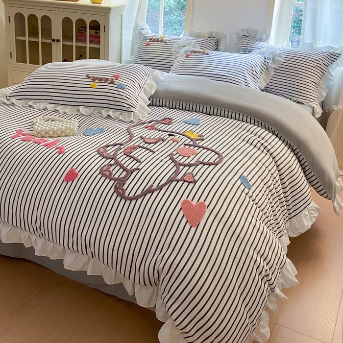 91家纺网 家纺一手货源 找家纺 泉欣家纺 2025新品韩系网红水洗棉卡通毛巾绣花小象考拉系列四件套（专版花型） 萌小象高级灰