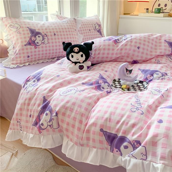 91家纺网 家纺一手货源 找家纺 玉元坊 2025新款三丽鸥系列白花边被套纯棉全棉床裙三件套四件套-库洛米白花边款式 库洛米之心