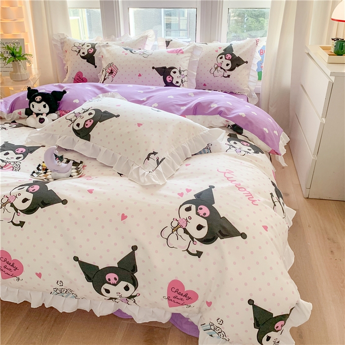 91家纺网 家纺一手货源 找家纺 玉元坊 2025新款三丽鸥系列白花边被套纯棉全棉床裙三件套四件套-库洛米白花边款式 甜筒库洛米