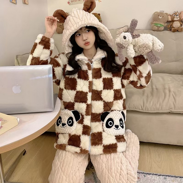 91家纺网 家纺一手货源 找家纺 2024新款冬季加厚加绒珊瑚绒牛奶绒三层夹女保暖冬天休闲家居服睡衣套装 L06