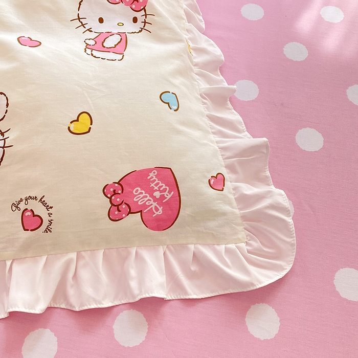 91家纺网 家纺一手货源 找家纺 玉元坊 2025新款三丽鸥系列白花边被套纯棉全棉床裙三件套四件套-凯蒂猫白花边款式 公主kt 花边款