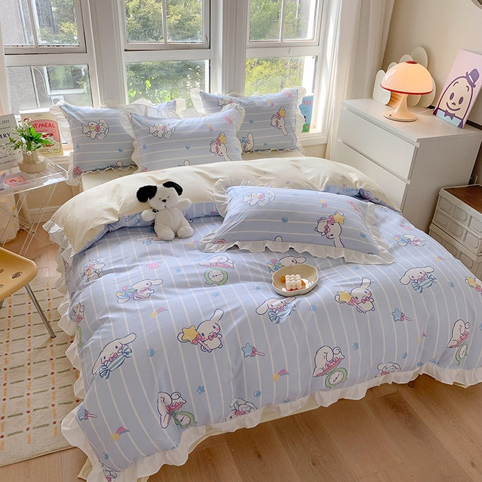 91家纺网 家纺一手货源 找家纺 玉元坊 2025新款三丽鸥系列白花边被套纯棉全棉床裙三件套四件套-大耳狗白花边款式 星星大耳狗【花边款】