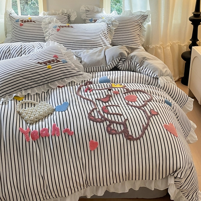 91家纺网 家纺一手货源 找家纺 泉欣家纺 2025新品韩系网红水洗棉卡通毛巾绣花小象考拉系列四件套（专版花型） 萌小象高级灰